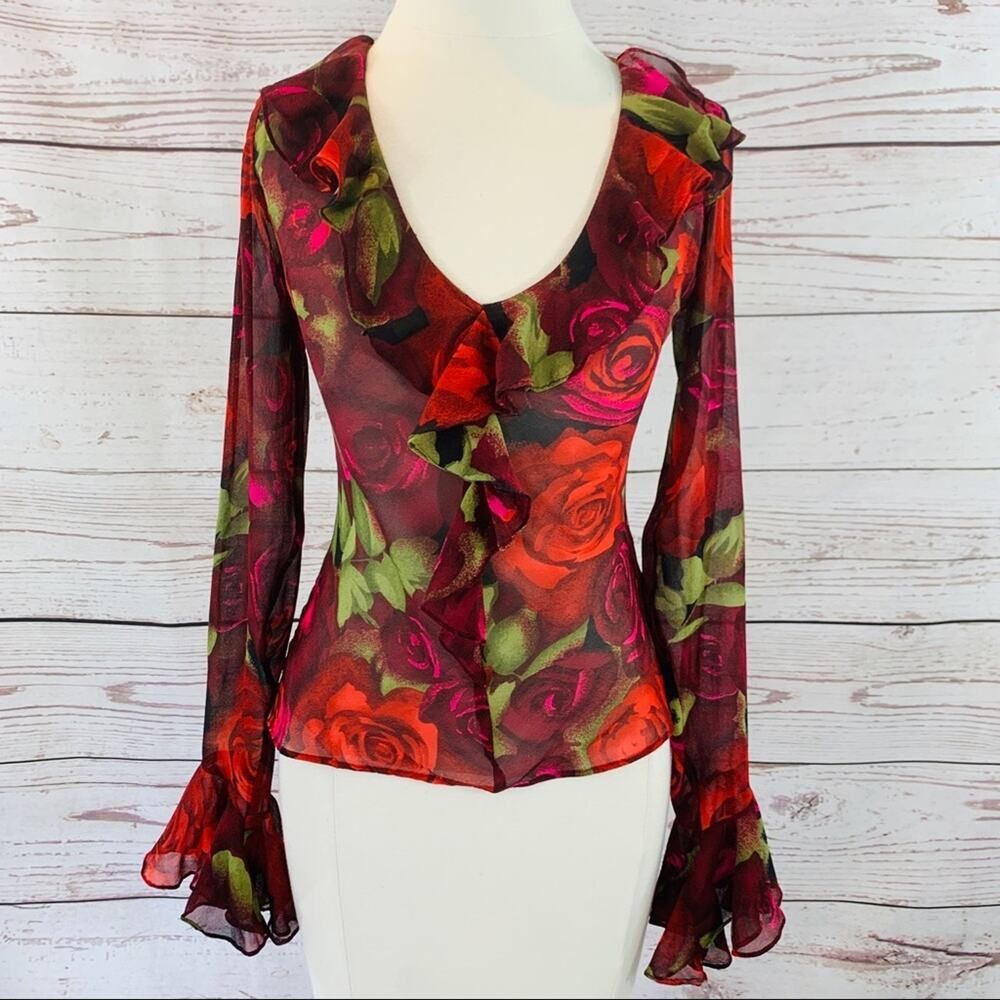 Cache sheer floral rose red black ruffle neck
